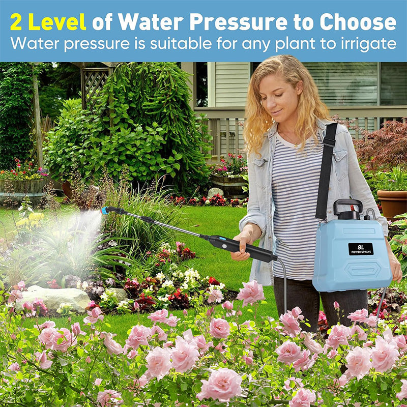 AxiaTool 8L electric garden sprayer with adjustable shoulder strap, featuring a durable design and ergonomic handle.