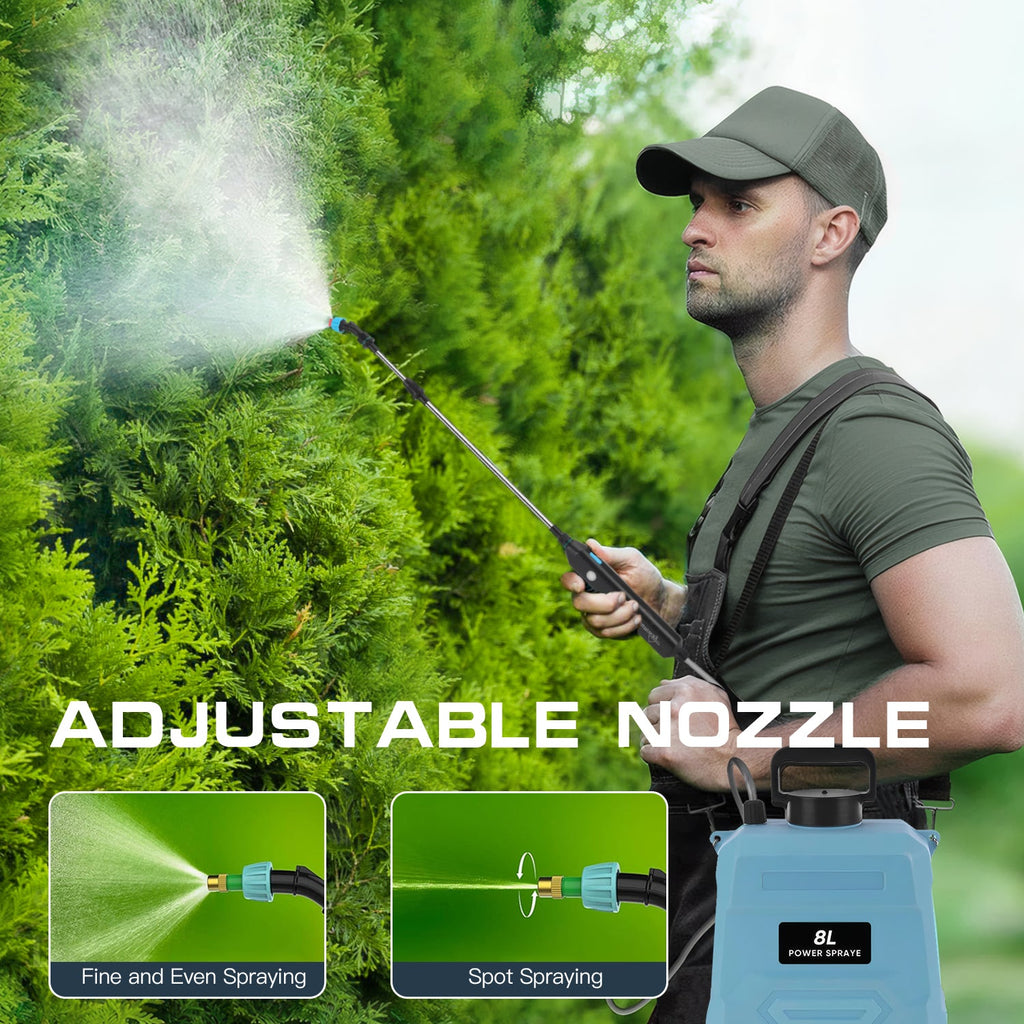 AxiaTool 8L electric sprayer with adjustable shoulder strap, featuring a sturdy design for garden care tasks.