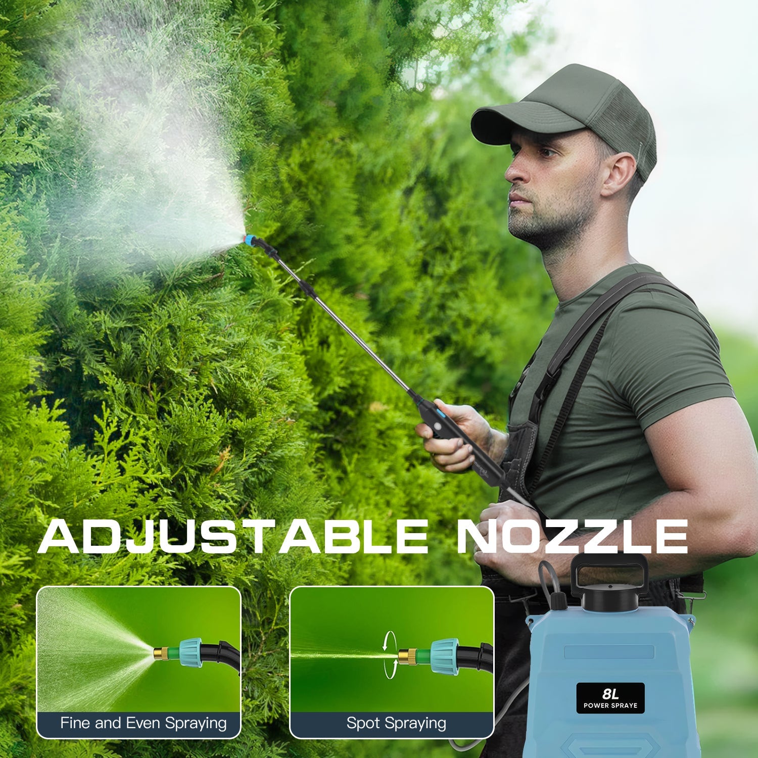 AxiaTool 8L electric sprayer with adjustable shoulder strap, featuring a sturdy design for garden care tasks.