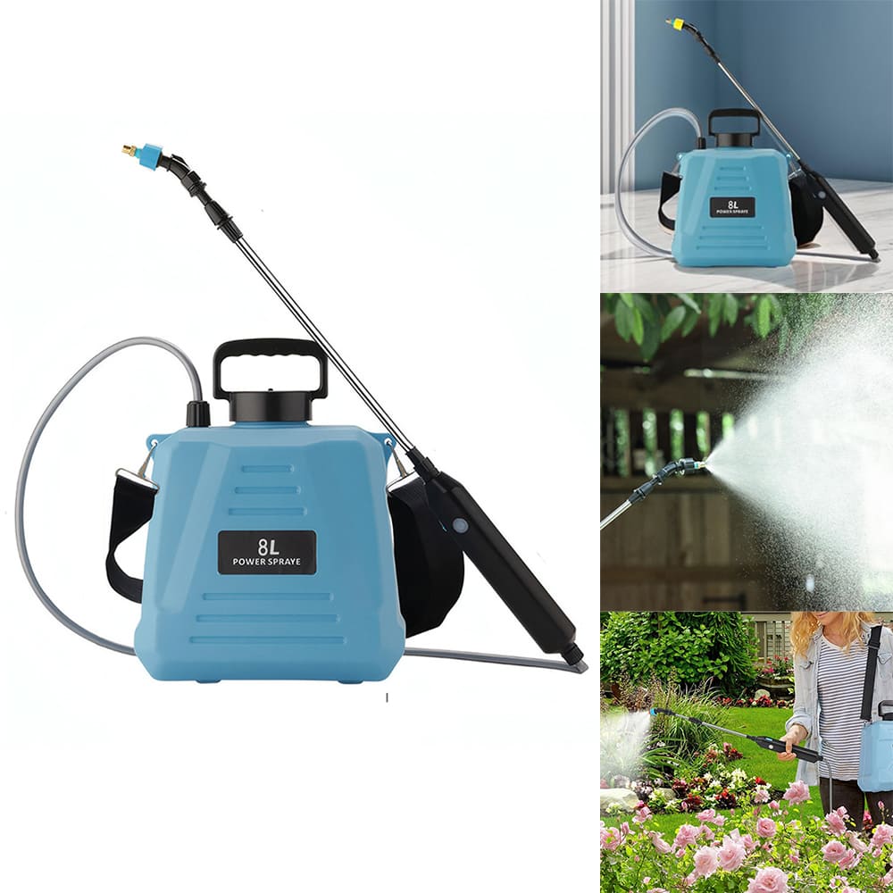 AxiaTool 8L electric sprayer with adjustable shoulder strap, featuring a sturdy design for efficient gardening tasks.
