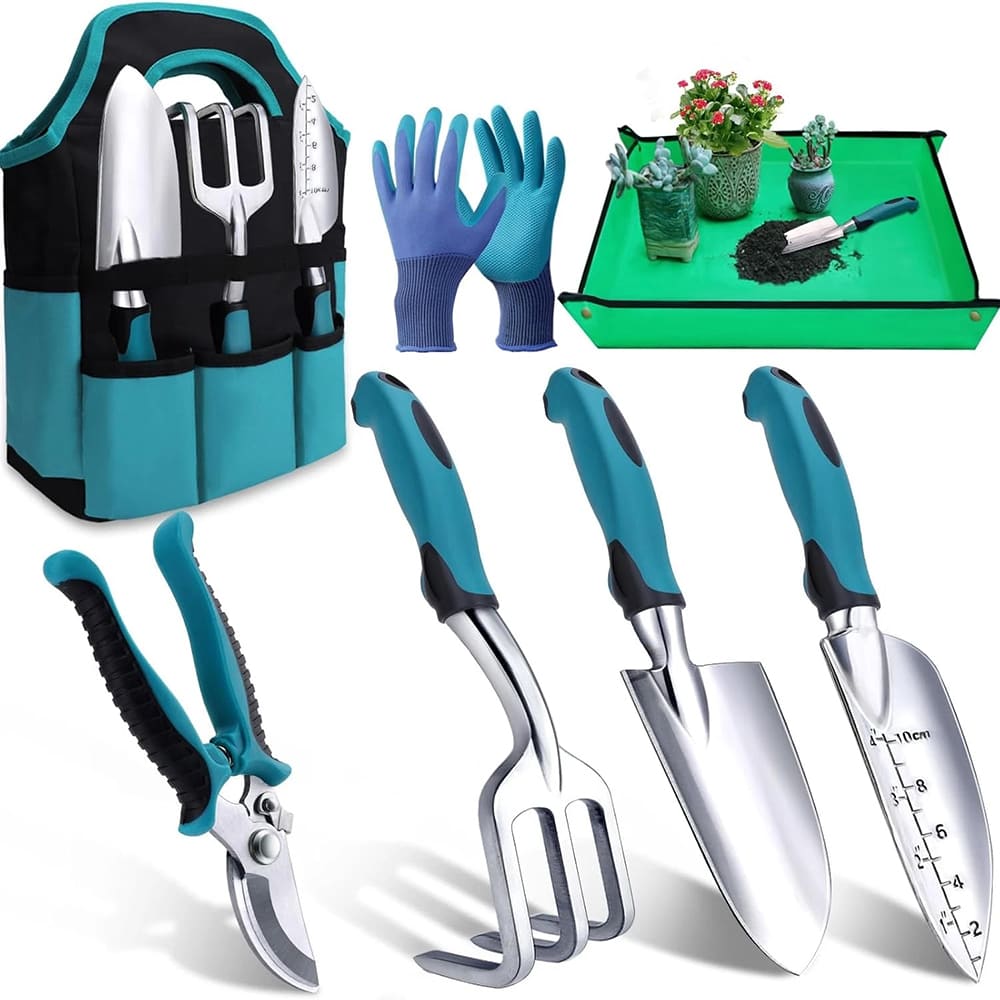AxiaTool all-in-one gardening hand tools set featuring durable trowel, pruners, and gloves on a wooden surface.