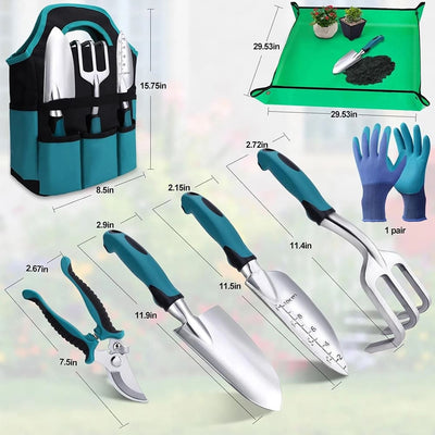 AxiaTool all-in-one durable gardening hand tools set with trowel, pruners, and gloves on a wooden surface.