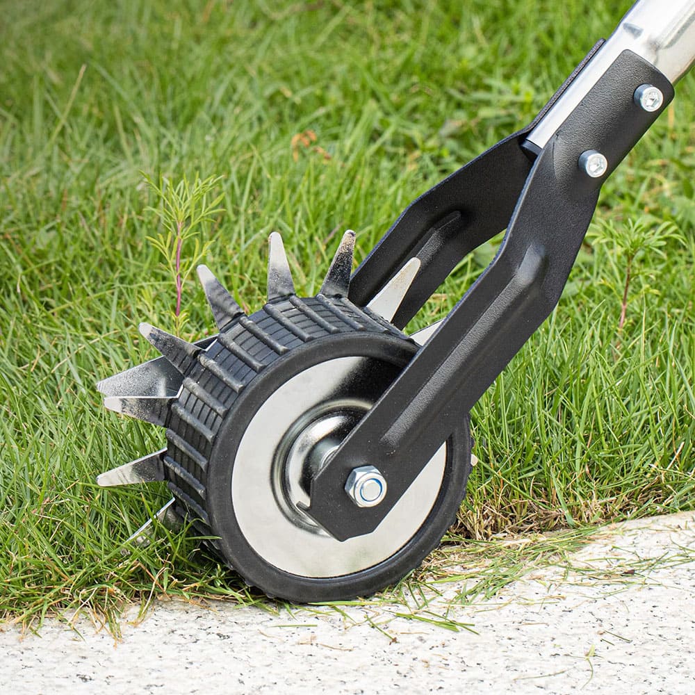 AxiaTool long handle wheel rotary lawn edger for precise sidewalk trimming and landscaping tasks.