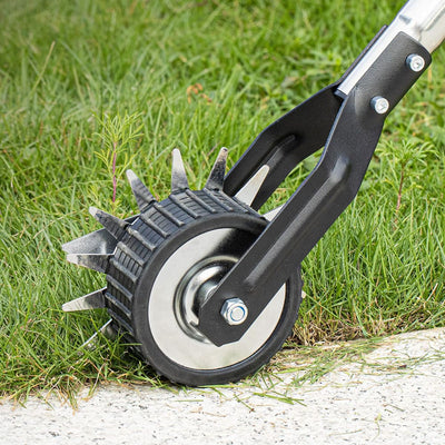 AxiaTool long handle wheel rotary lawn edger for precise sidewalk trimming and landscaping tasks.