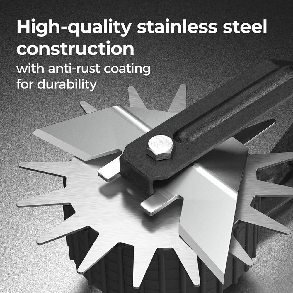 AxiaTool long handle wheel rotary lawn edger for precise sidewalk edging and garden trimming in a green outdoor setting.