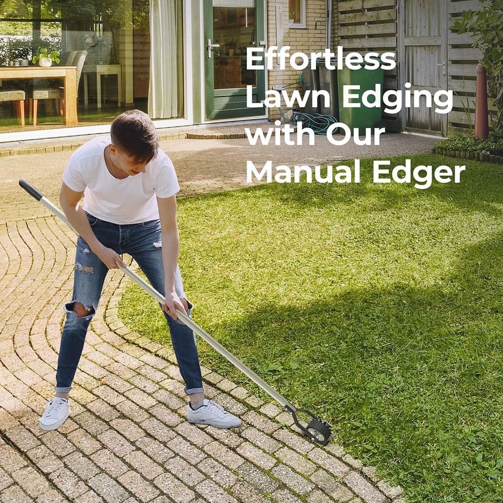 AxiaTool long handle wheel rotary lawn edger for precise edging along sidewalks and garden borders.