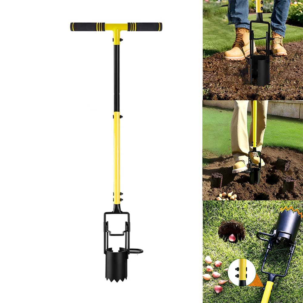 AxiaTool removable bulb planter tool with a sturdy handle and sharp edge, ideal for planting bulbs in the garden.