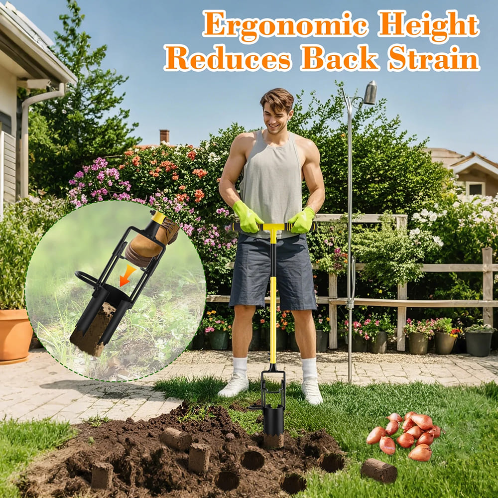 AxiaTool removable bulb planter tool with ergonomic handle and sharp edges for easy planting in garden soil.