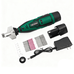 AxiaTool 12v cordless electric chainsaw sharpener kit with compact design and sharpening attachments on a workbench.