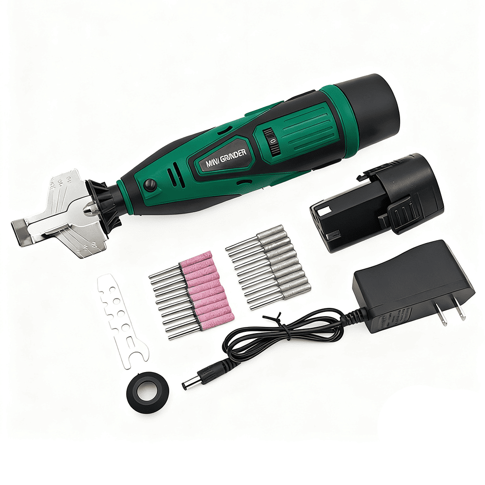 AxiaTool 12v cordless electric chainsaw sharpener kit with compact design and sharpening attachments on a workbench.