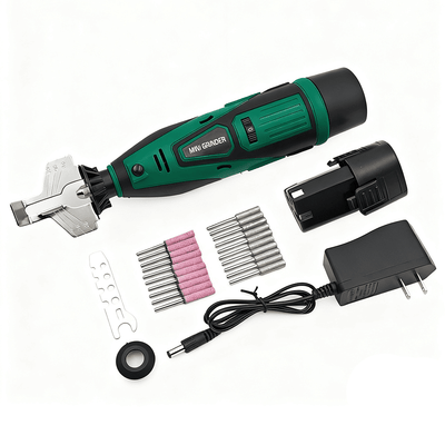 AxiaTool 12v cordless electric chainsaw sharpener kit with compact design and sharpening attachments on a workbench.