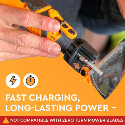 AxiaTool 12v cordless electric chainsaw sharpener kit with sharpening wheel and safety guard on a workbench.