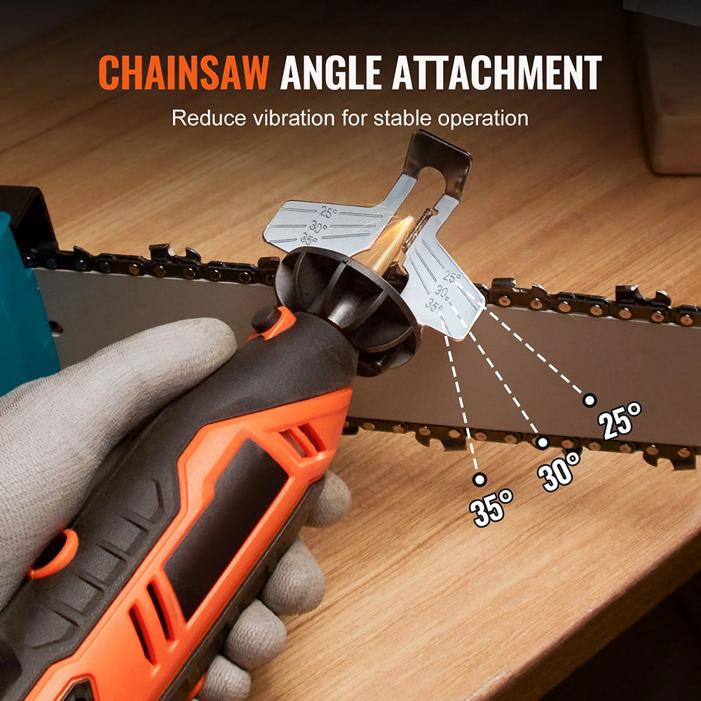 AxiaTool 12v cordless electric chainsaw sharpener kit with sharpener and accessories on a workbench.