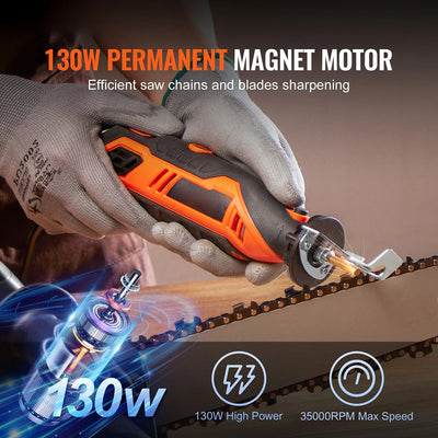 AxiaTool 12v cordless electric chainsaw sharpener kit with compact design and sharpening tool attachments displayed.