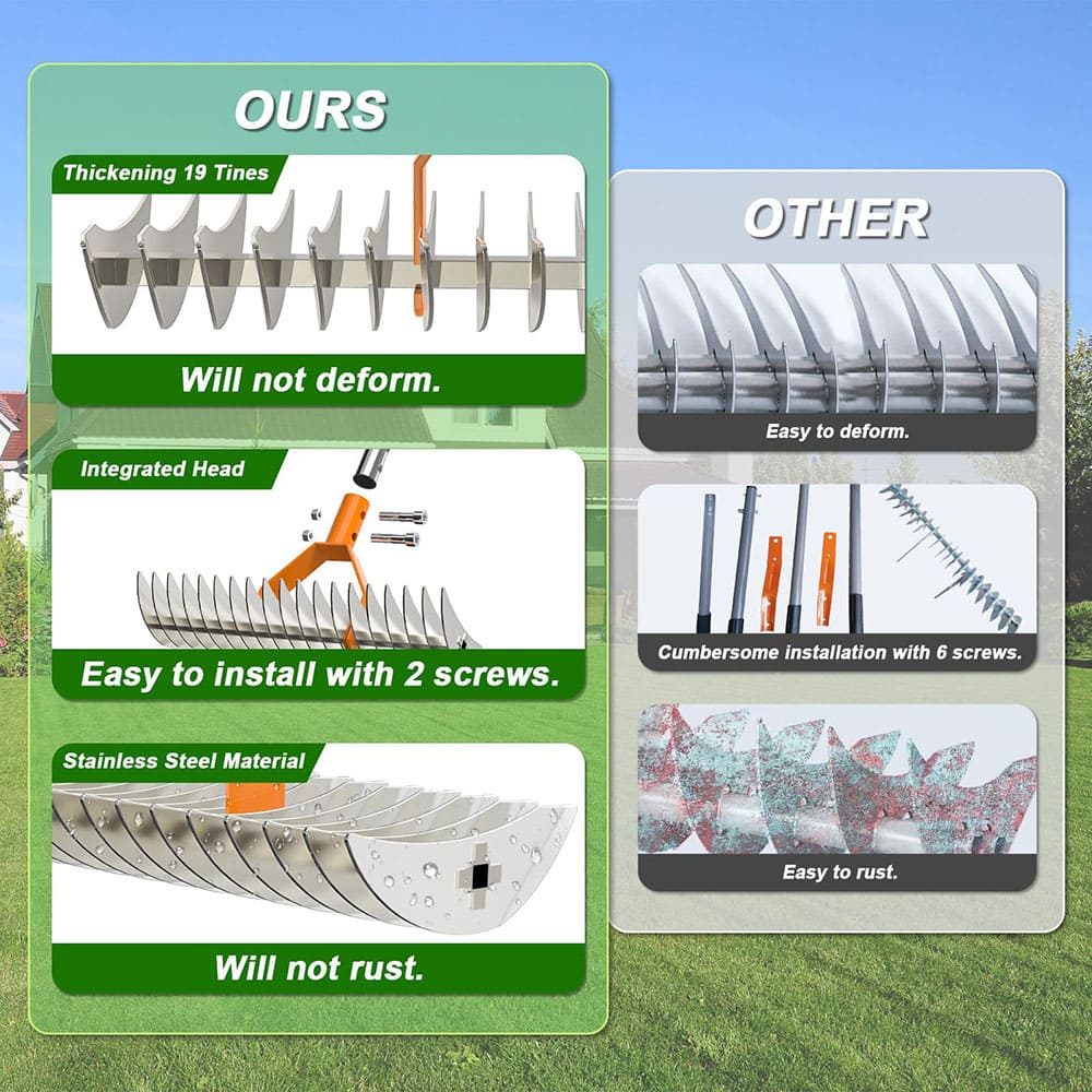 AxiaTool long reach thatch rake with a sturdy handle, ideal for removing debris from garden lawns and flower beds.