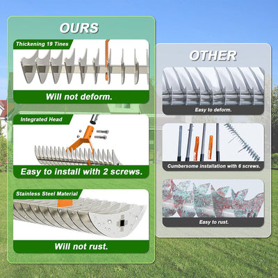 AxiaTool long reach thatch rake with a sturdy handle, ideal for removing debris from garden lawns and flower beds.