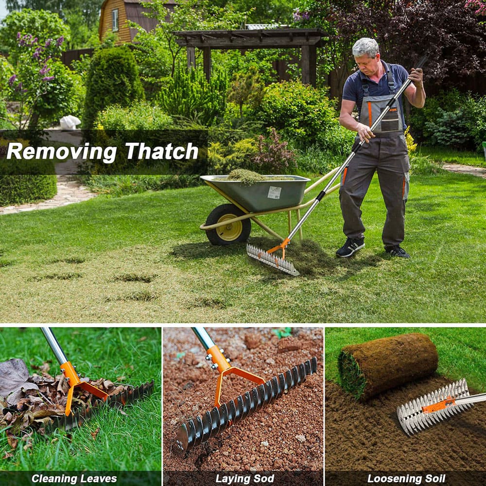 AxiaTool long reach thatch rake with a sturdy handle and tines, designed for effective lawn and garden maintenance.