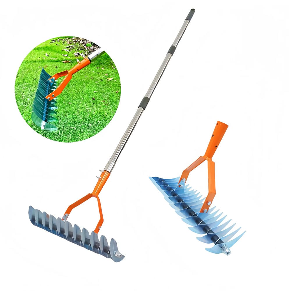 AxiaTool long reach thatch rake with a sturdy handle and metal tines for efficient lawn maintenance and debris removal.