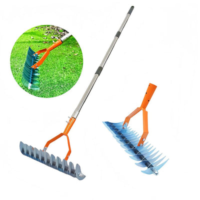 AxiaTool long reach thatch rake with a sturdy handle and metal tines for efficient lawn maintenance and debris removal.