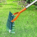 AxiaTool long reach thatch rake with a sturdy handle and sharp tines for effective lawn care and garden maintenance.