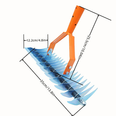 AxiaTool long reach thatch rake with a sturdy handle for efficient lawn maintenance and garden care.