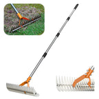 AxiaTool long reach thatch rake with double-sided thickening tines for efficient lawn cleaning and maintenance.