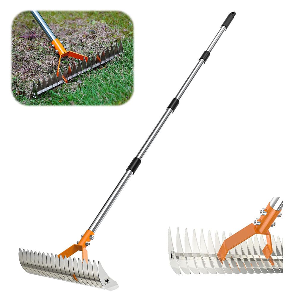 AxiaTool long reach thatch rake with double-sided thickening tines for efficient lawn cleaning and maintenance.