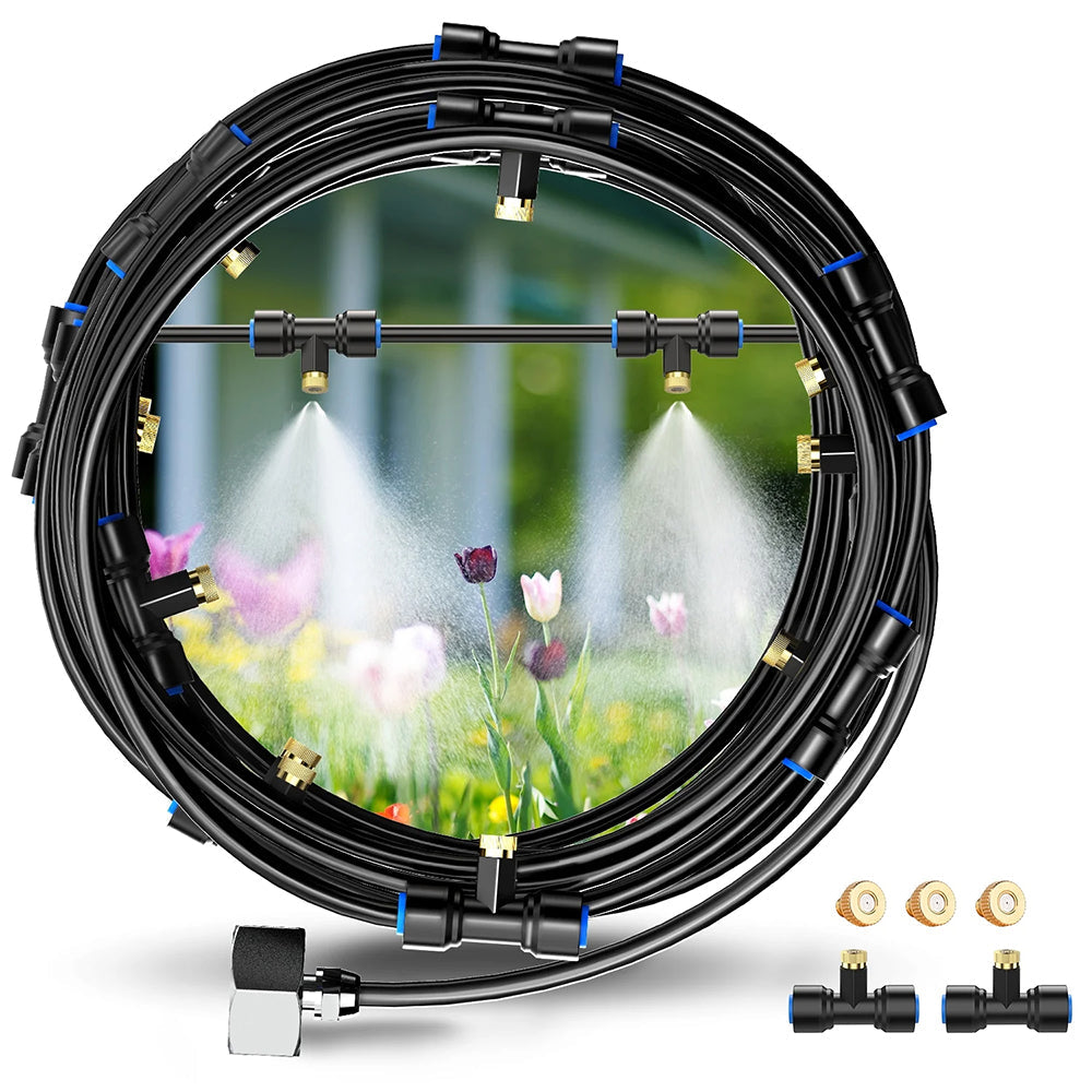 AxiaTool 26FT garden water sprinkler for misting and watering plants in a vibrant green garden setting.