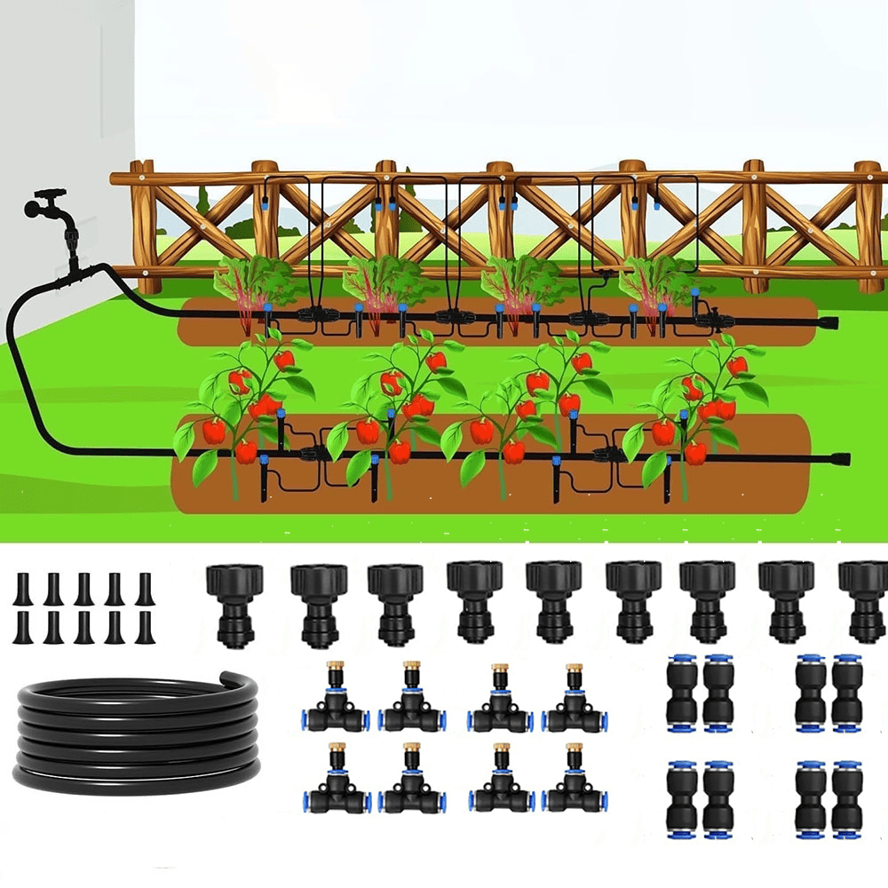 AxiaTool 26FT garden water sprinkler system for misting and watering plants in a lush green garden setting.