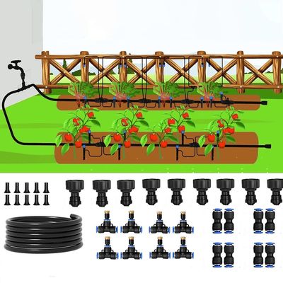 AxiaTool 26FT garden water sprinkler system for misting and watering plants in a lush green garden setting.