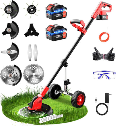 AxiaTool 4 in 1 cordless grass trimmer, weed eater, edger, and mower in a garden setting with freshly cut grass.