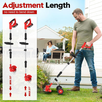 AxiaTool 4 in 1 cordless grass trimmer, weed eater, edger, and mower in a garden setting, showcasing versatility and design.