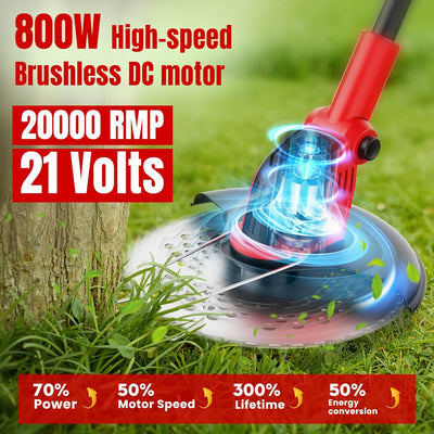 AxiaTool 4 in 1 cordless grass trimmer, weed eater, edger, and mower in a garden setting with green grass.