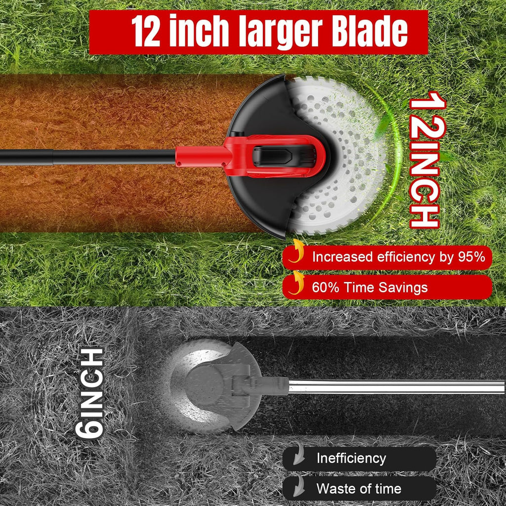 AxiaTool 4 in 1 cordless grass trimmer, weed eater, edger, and mower in a garden setting with green grass.