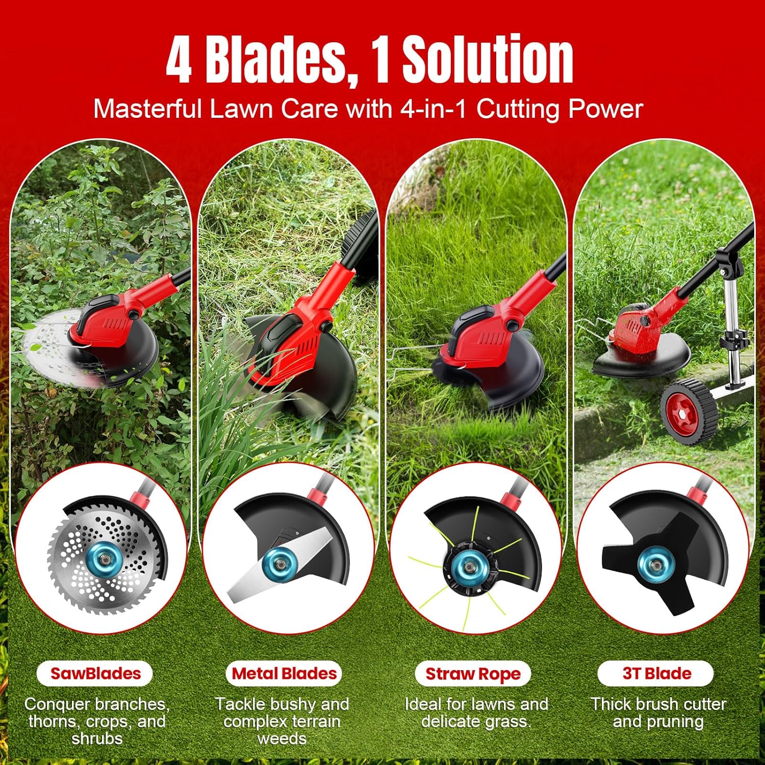 AxiaTool 4 in 1 cordless grass trimmer, weed eater, edger, and mower on a lawn, showcasing its versatile design and features.