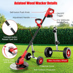 AxiaTool 4 in 1 cordless grass trimmer, weed eater, edger, and mower in a garden setting with greenery in the background.