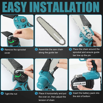 AxiaTool 6 inch electric cordless chainsaw with battery, featuring a compact design and ergonomic handle for easy use.