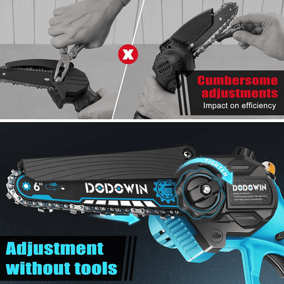 AxiaTool 6-inch cordless electric chainsaw with battery, featuring a compact design and blue finish for easy garden use.