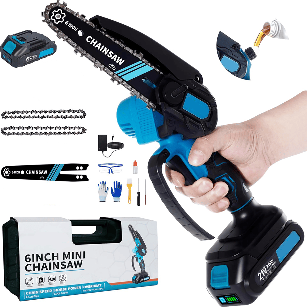 AxiaTool 6-inch electric cordless chainsaw with battery, featuring an auto-oiling system and ergonomic handle.