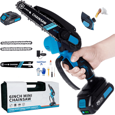 AxiaTool 6-inch electric cordless chainsaw with battery, featuring an auto-oiling system and ergonomic handle.
