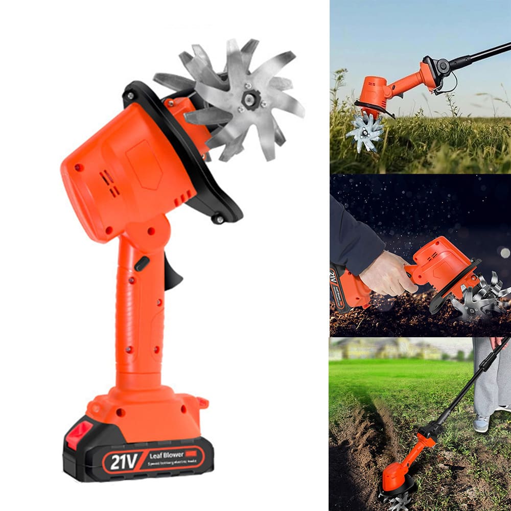 Cordless electric tiller cultivator by AxiaTool, featuring ergonomic handles and rotating blades for effortless gardening.