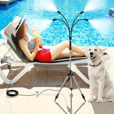 Woman lounging by a pool with a dog and a tripod-mounted camera setup.