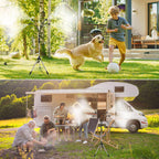 Top: Dog playing with a ball in a grassy area, Bottom: People around a campfire in front of a camper van.