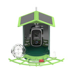 Green bird feeder with camera and solar panel on a white background