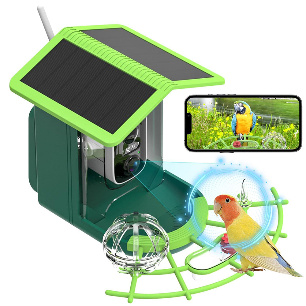 Solar-powered bird feeder with a smartphone app interface, showing a parrot on a branch.
