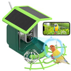 Solar-powered bird feeder with a smartphone app interface, showing a parrot on a branch.