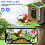 Bird feeder with two-way audio feature, showing a squirrel and bird on a tree branch.