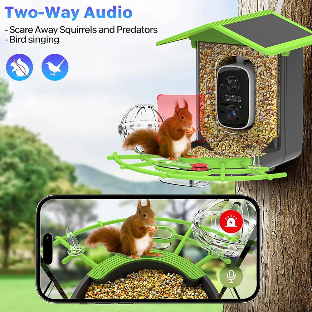 Bird feeder with two-way audio feature, showing a squirrel and bird on a tree branch.