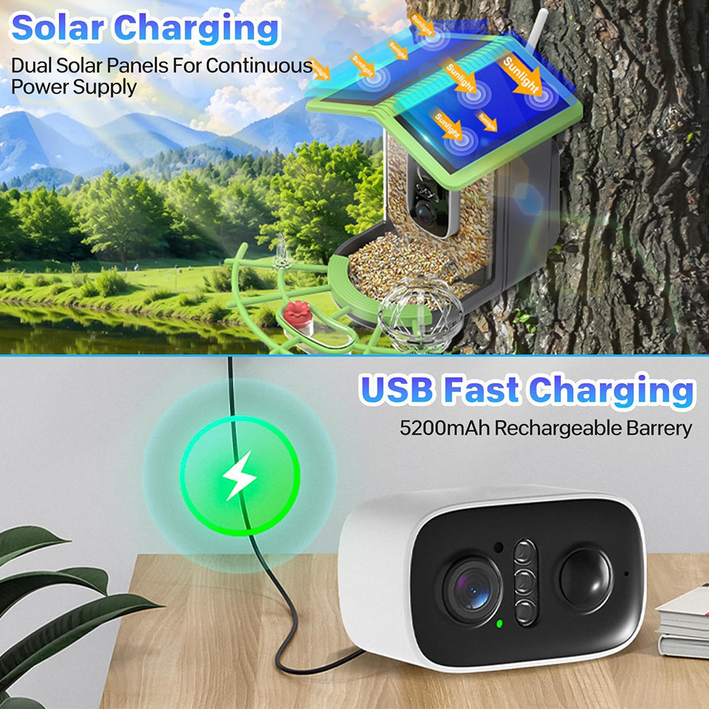 Solar-powered bird feeder with dual solar panels and USB charging device on a wooden surface.