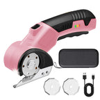 Pink electric cutting tool with attachments on a white background